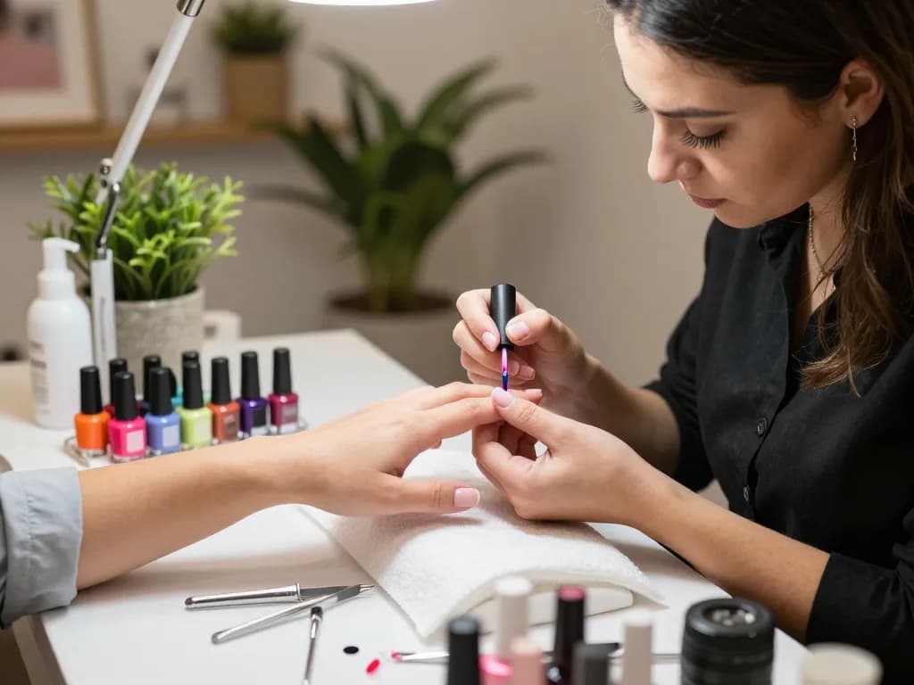 Nails being expertly painted in a cozy salon with a professional technician and hygienic tools.