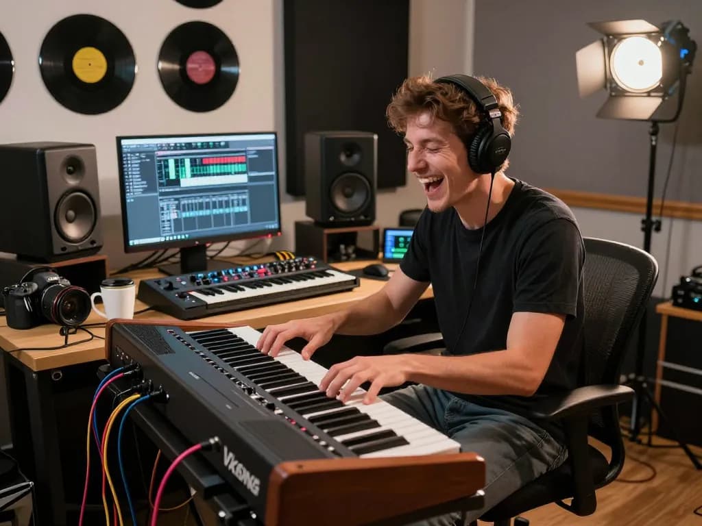 Musician enthusiastically playing a VK88 organ in a vibrant music studio, showcasing creative energy.