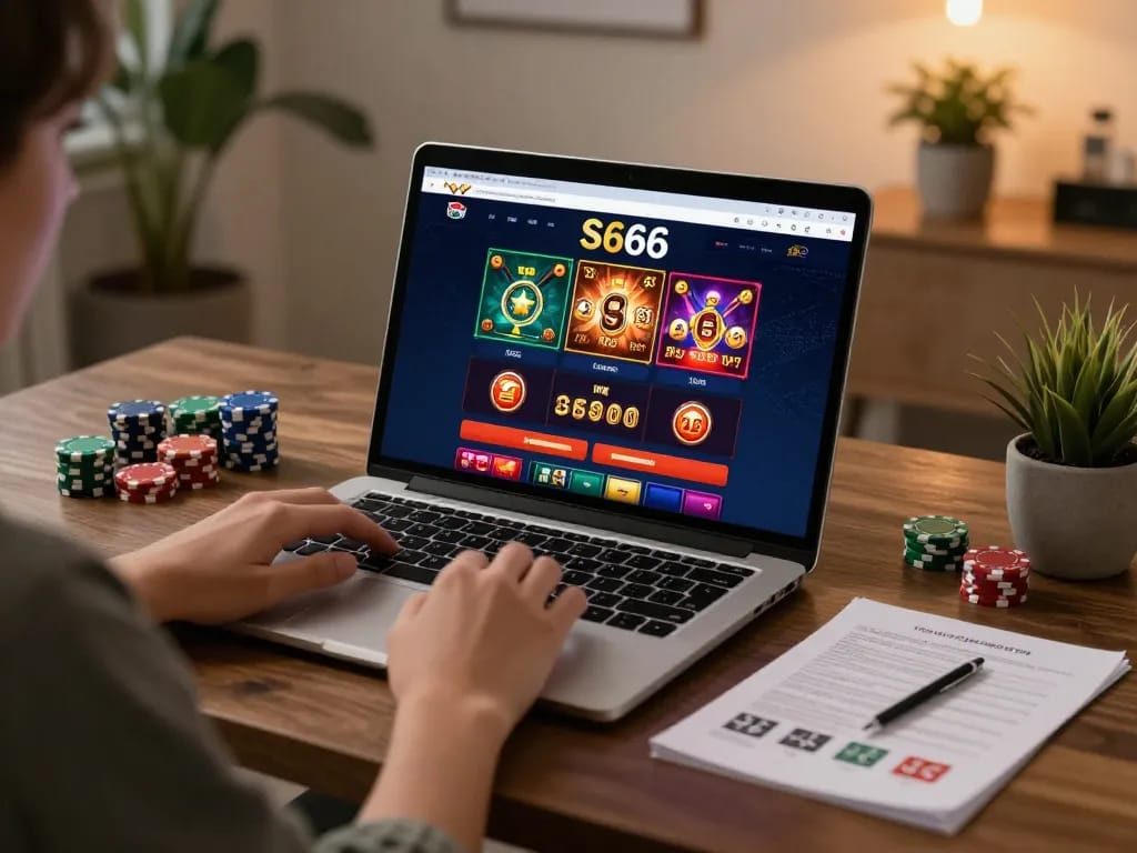 Engaging in online gaming with S666 casino platform showcased on sleek laptop, emphasizing strategic gameplay.