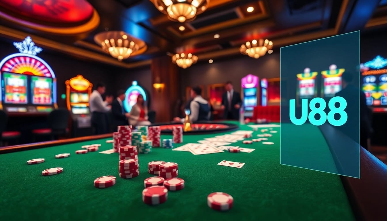 Players enjoying an immersive casino experience at UU88, featuring poker chips and a roulette wheel.