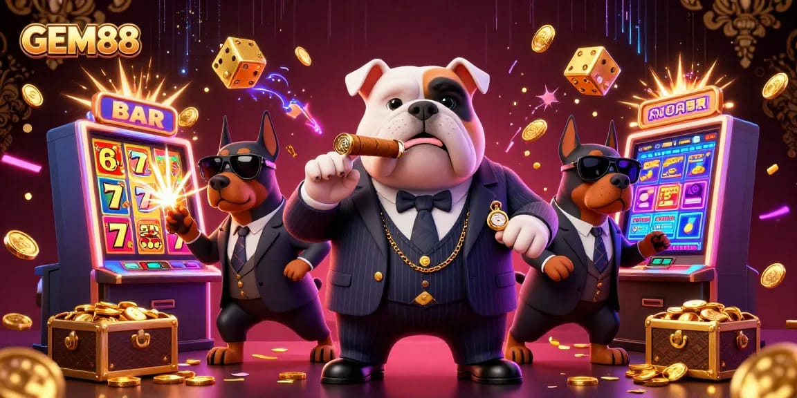 Experience the thrill of GEM88 with a 3D cartoon mafia scene packed with vibrant casino elements.