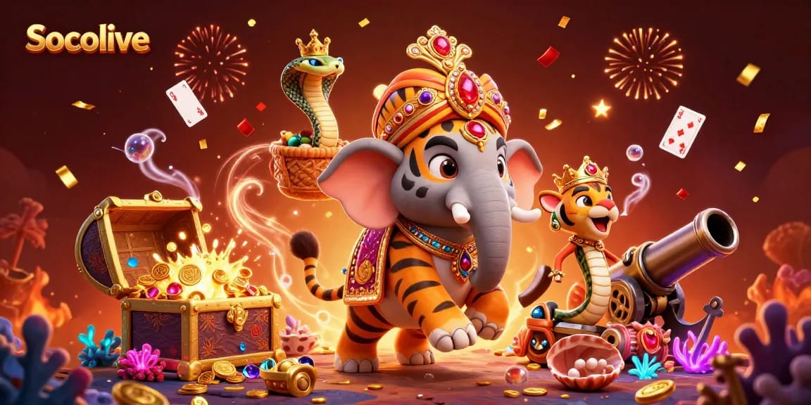 Socolive showcases a vibrant 3D casino scene featuring a maharaja tiger and riches exploding from a chest.