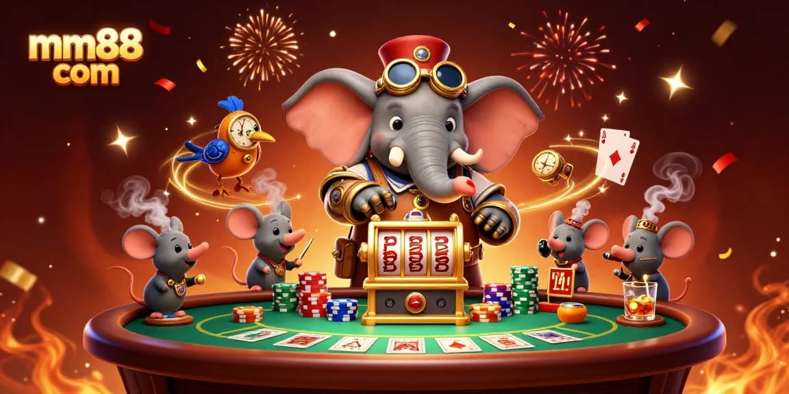 Experience the excitement of mm88 com with stunning visuals of a vibrant casino scene featuring a steampunk elephant and a slot machine.