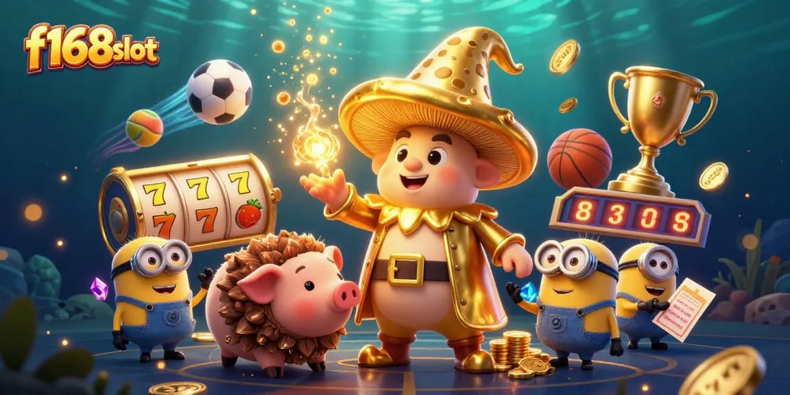 Experience thrilling adventure with f168slot's magical 3D scene featuring golden wizard, treasure pig, and dynamic slot reels.