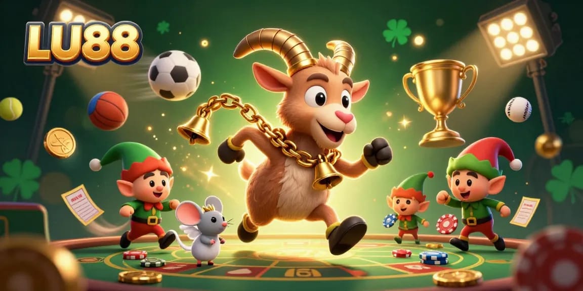 Experience thrilling action at LU88's casino with Krampus and elf gremlins stealing poker chips amidst sports chaos.