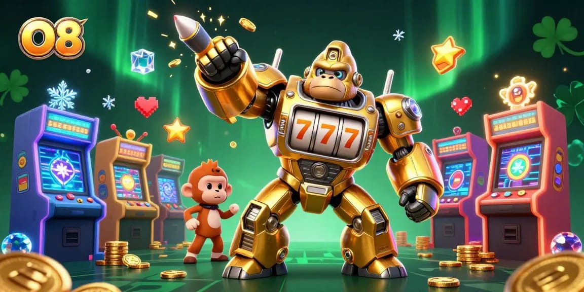 Experience thrilling slot action with O8's golden gorilla mech surrounded by vibrant casino elements.