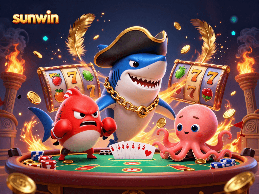 Engage with sunwin's animated casino experience featuring a shark, pufferfish, and octopus amid rich game elements.