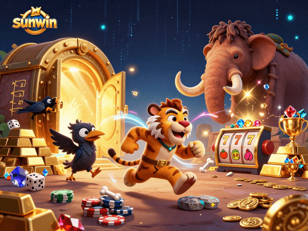 Experience the thrill at sunwin with a lively prehistoric casino scene featuring caveman characters and vibrant gambling elements.