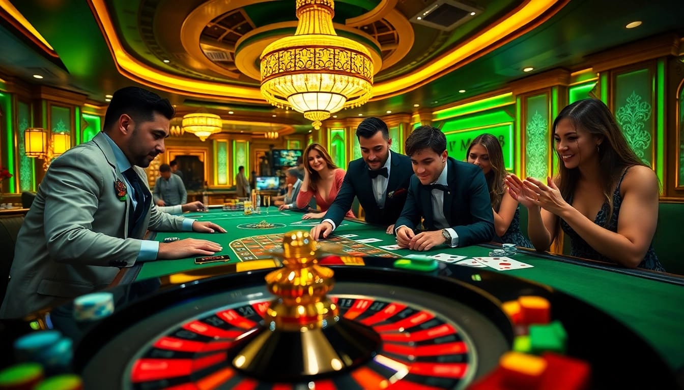May88 blackjack table with professional dealers and eager players capturing the thrill of high-stakes gambling.