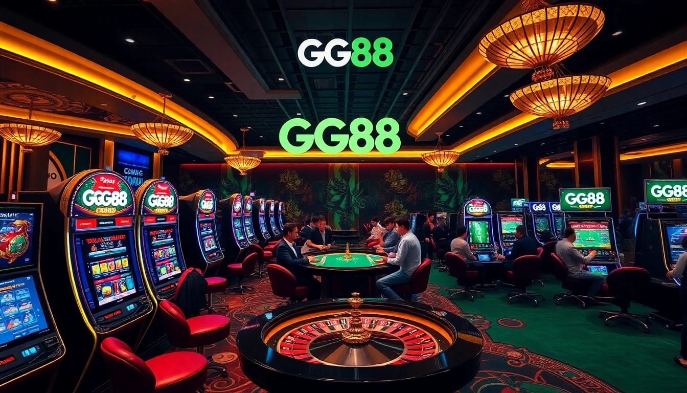 Experience the thrill of online gaming at GG88 KJC, featuring vibrant slots and luxury casino elements.