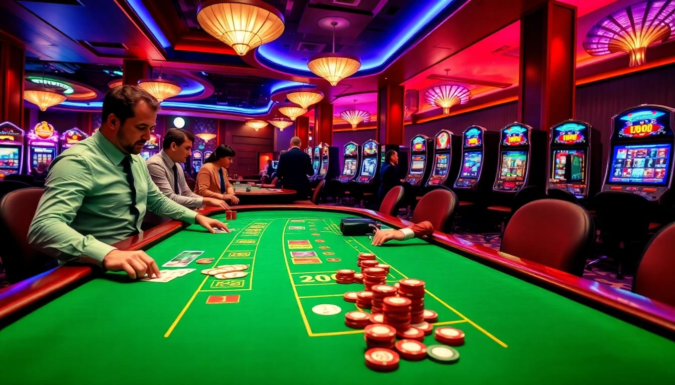 Exciting live casino experience at F168, showcasing players engaged in games with vibrant slot machines.