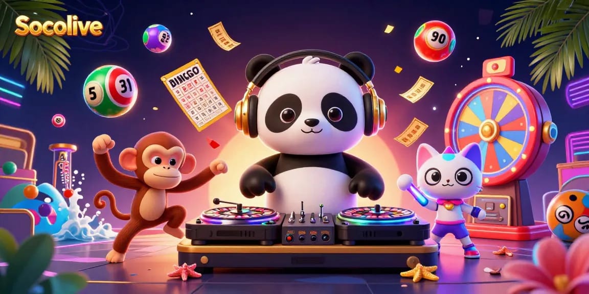 Socolive showcases vibrant gaming energy with a DJ panda, dancing monkey, and kitten amidst lively casino elements.