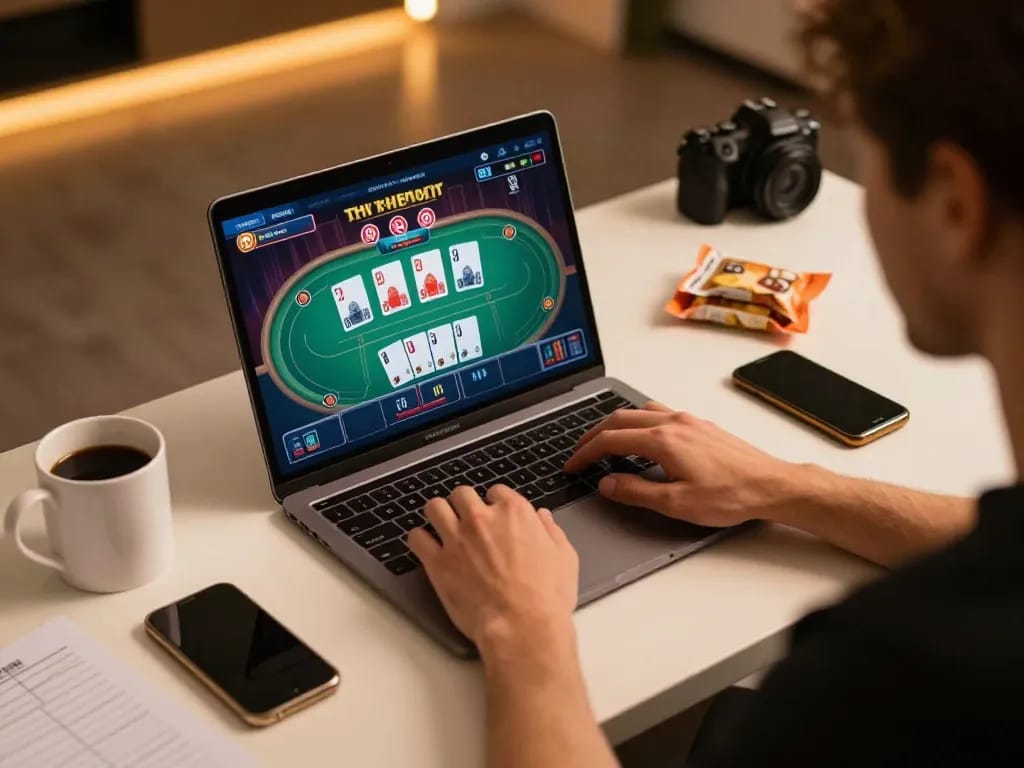 Experience lucky88 online gaming with engaging poker gameplay at home in a cozy setup.