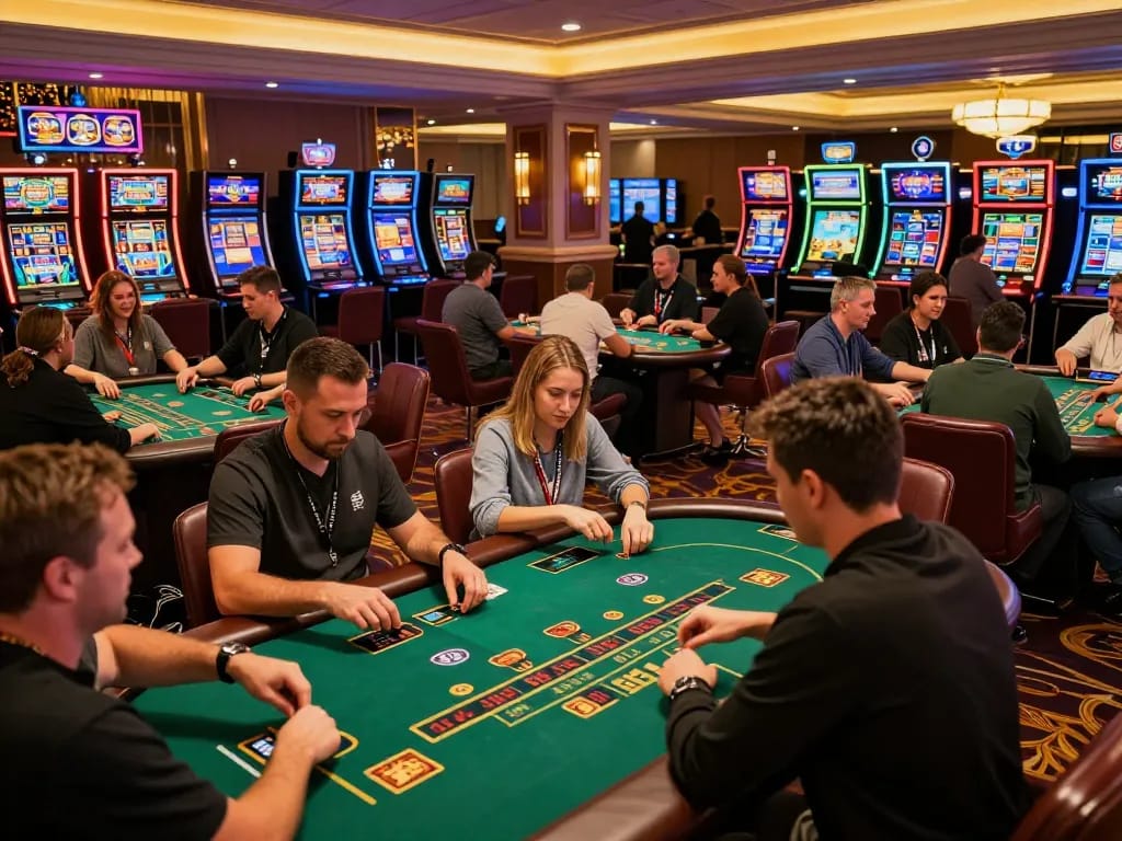 Players engaging in blackjack strategies at the vibrant tx88 casino floor, capturing the excitement of the game.