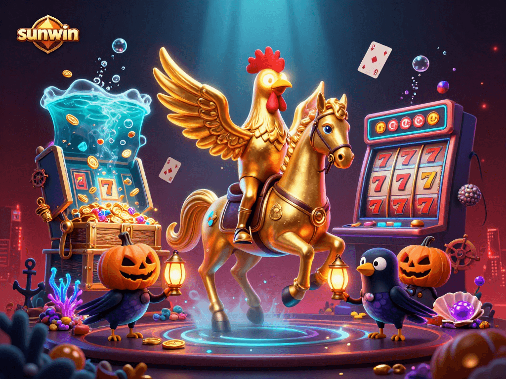 Experience thrilling moments at sunwin casino with a golden rooster and treasure in a vibrant digital illustration.