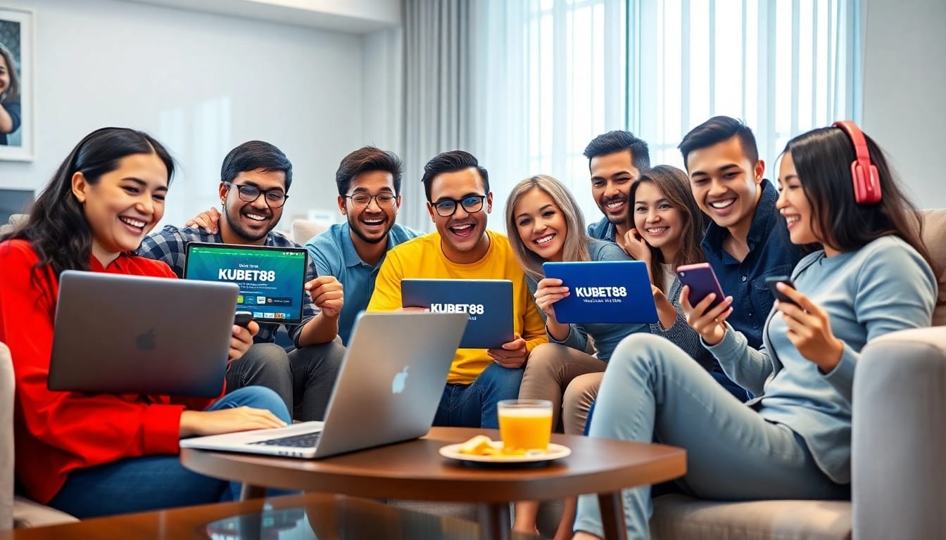 Engaged players enjoying online betting with Đăng Ký KUBET88 – Nhanh Gọn, Dễ Dàng Và Nhiều Ưu Đãi on their devices in a cozy living room.