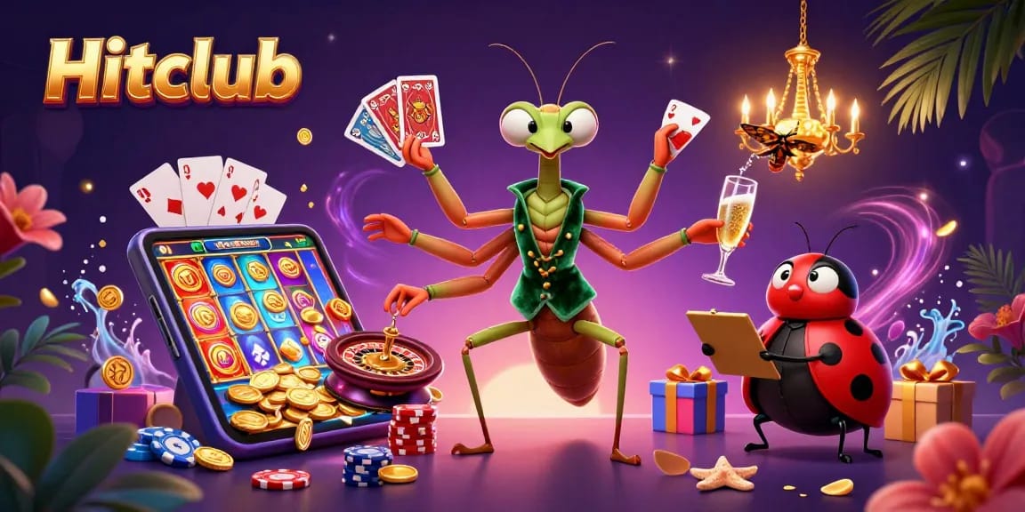 Engage with Hitclub's thrilling atmosphere, featuring a mantis card sharp and ladybug pit boss in a casino scene.