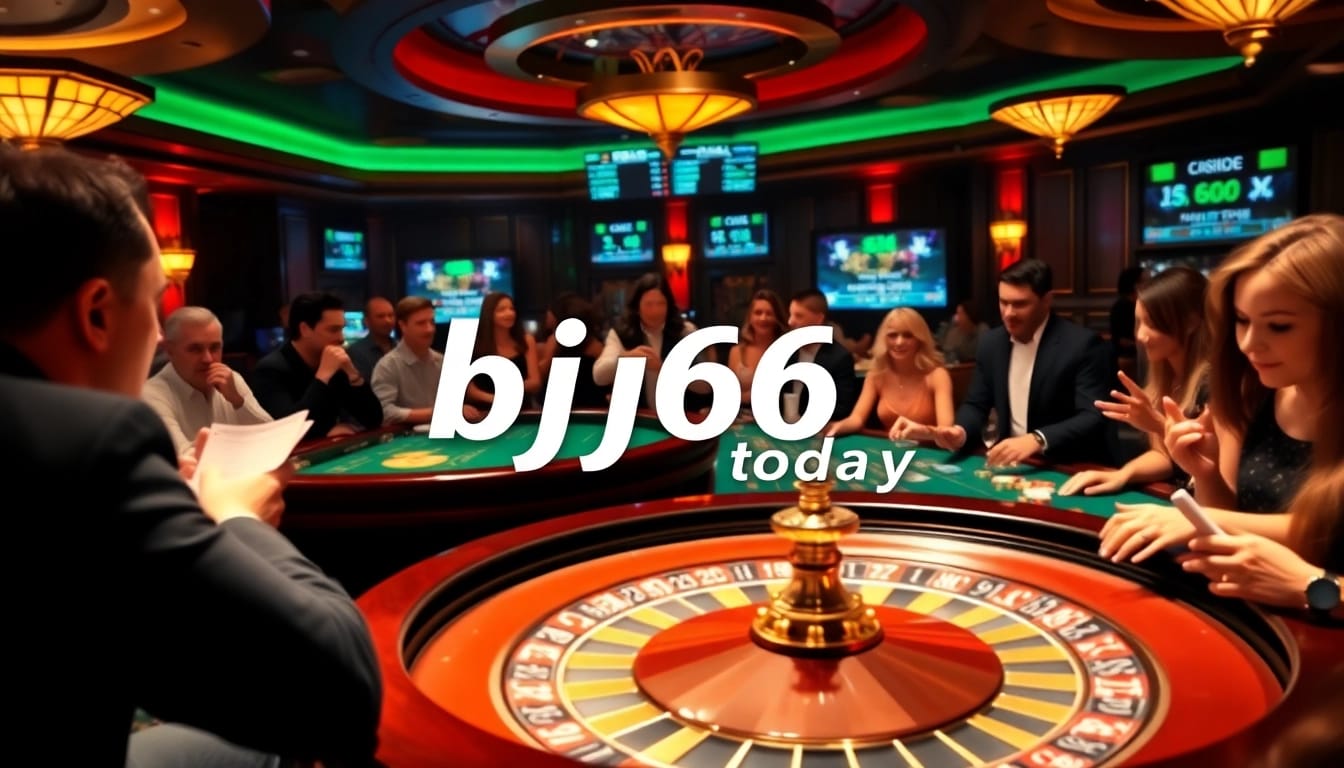 Experience the excitement of bj66 today at a lavish casino with poker tables and roulette wheels.