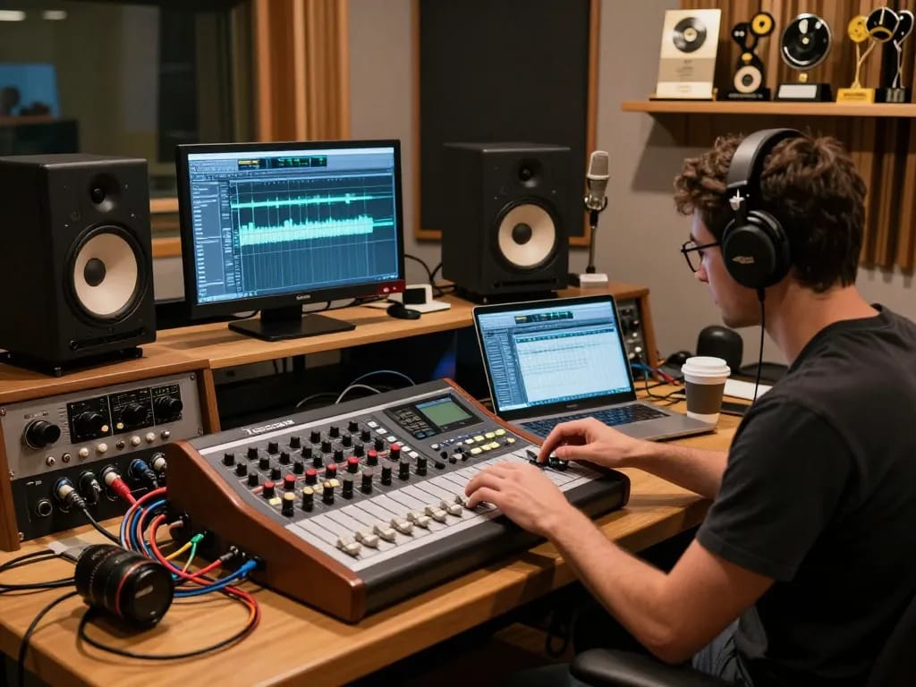 Engineer using the Tascam DA88 in a warm recording studio, showcasing audio creativity.