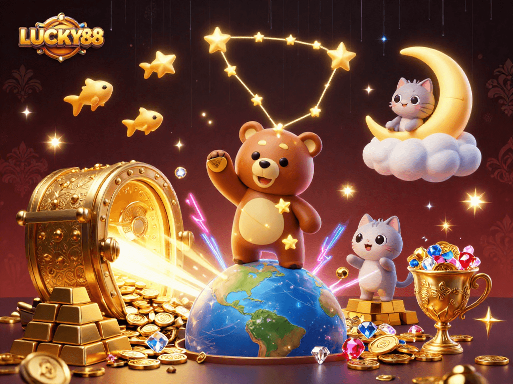 LUCKY88 players scoop up coins while exploring treasure amidst dazzling casino elements and sparkling gems.