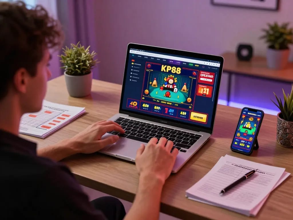 Engaging in online gaming with the KP88 app on a laptop, showcasing a strategic betting environment