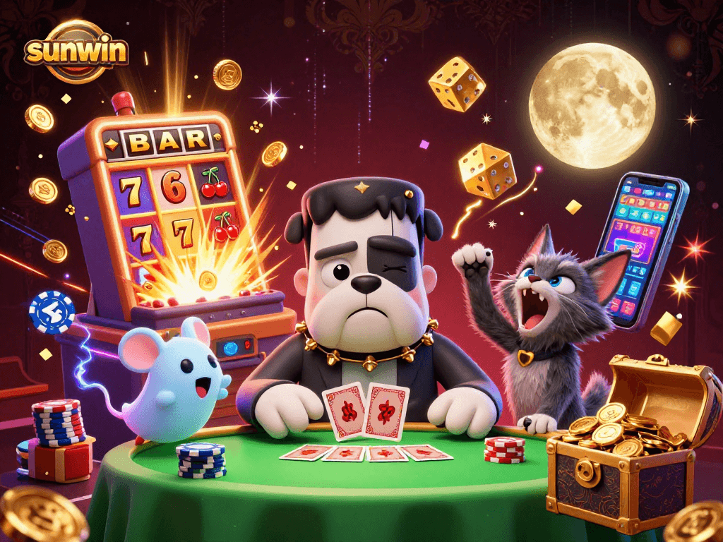 sunwin casino scene featuring a Frankenstein bulldog dealing cards and a werewolf kitten howling.