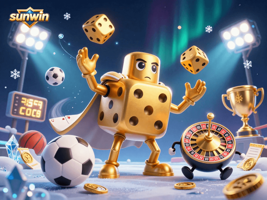 Engage with sunwin’s thrilling world through a vibrant 3D casino illustration featuring dynamic game elements.