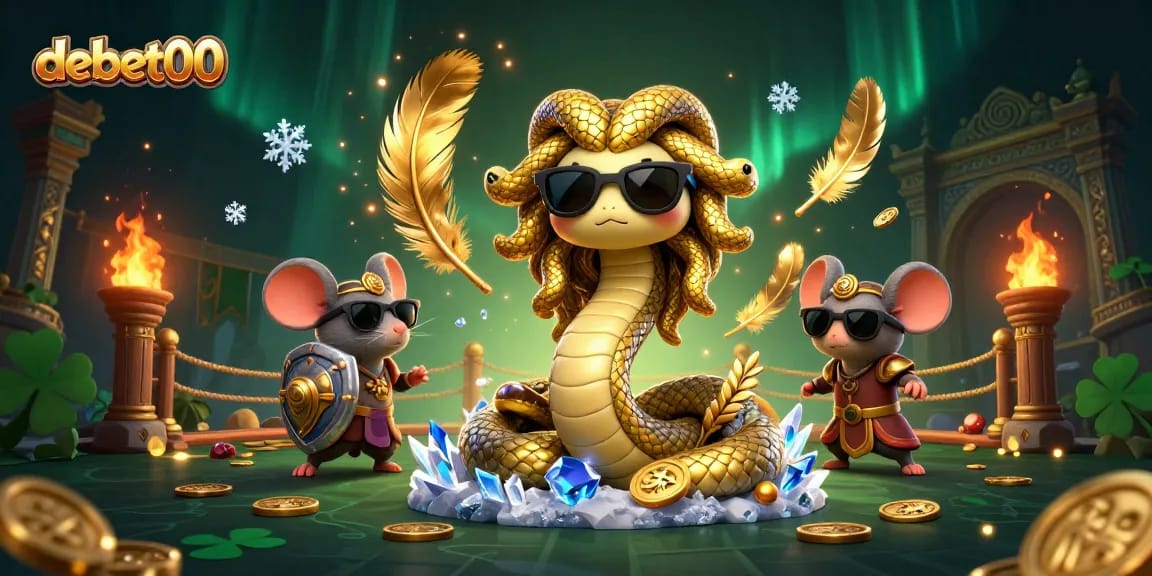 Experience the vibrant debet00 gaming scene with Medusa and a warrior mouse amidst golden tokens and a dynamic casino atmosphere.