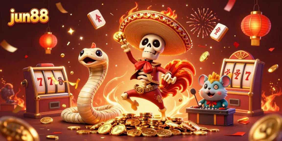 Experience the excitement and victory of jun88 as a mariachi rooster celebrates with gold and slot elements.