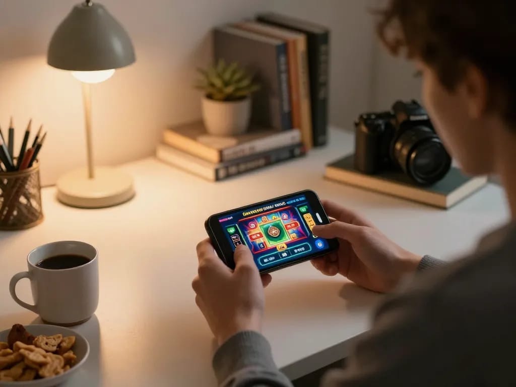 Engaging in mobile gambling on https://tip88xyz.com/ with a smartphone in a cozy home setting