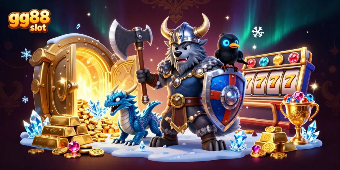 Experience thrilling wins at gg88 slot with a dynamic illustration highlighting Viking warrior and dragons amid treasure.