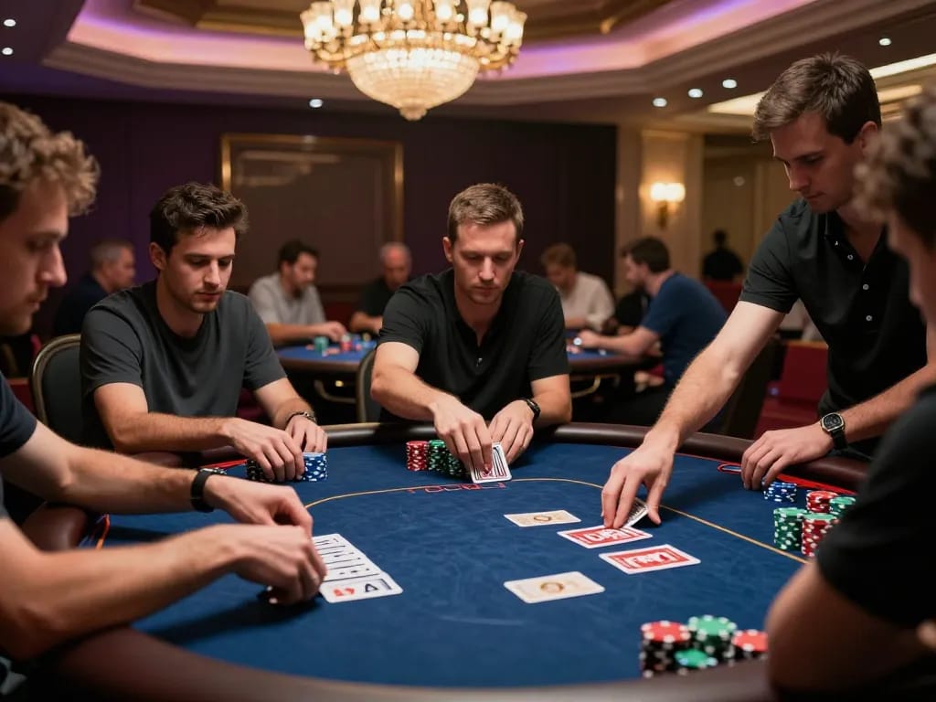 rr88com players engaging in high-stakes poker game at luxurious casino table with betting chips and dealer
