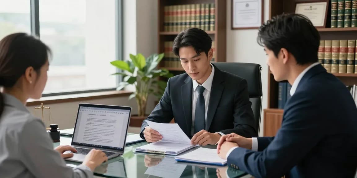 Lawyer helping clients with legal matters at yahoo in a modern consultation setting.