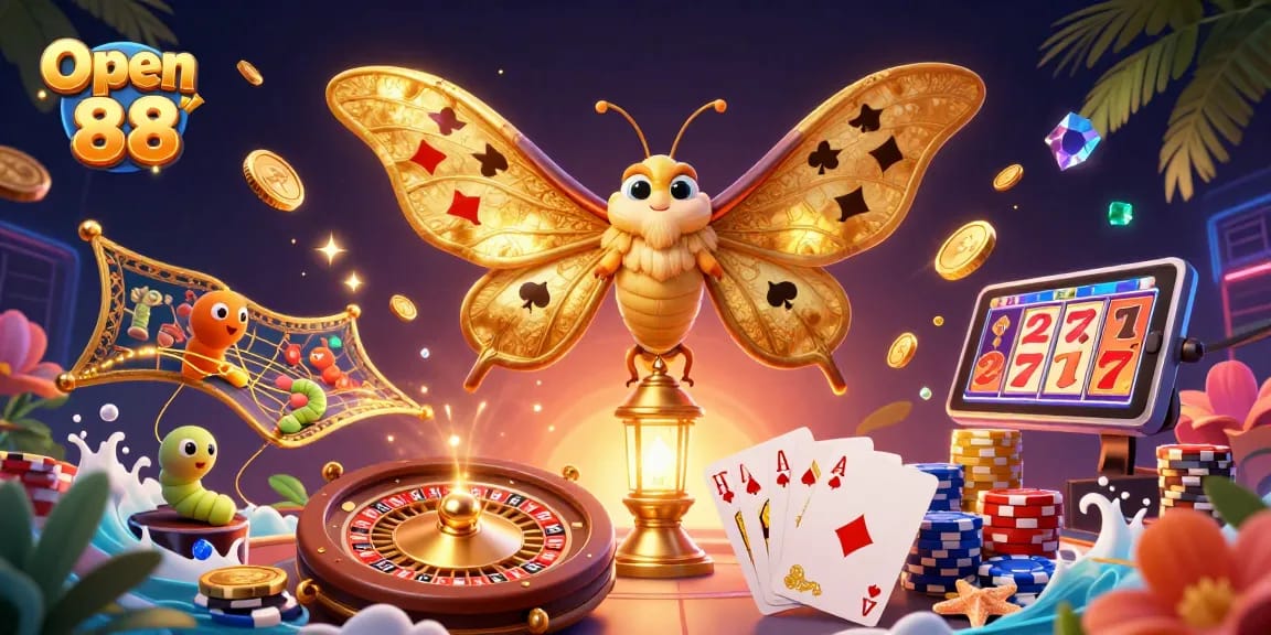 Experience Open 88's vibrant 3D casino scene with golden moth and dynamic game elements.