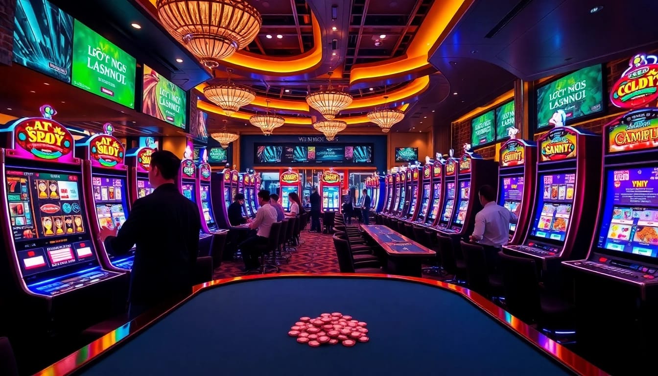 A thrilling gaming atmosphere at https://cm88bet.us/no-hu-cm88/ with illuminated slot machines and excited players.