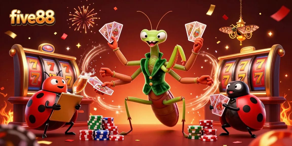 Experience the excitement of five88 with a vibrant casino scene featuring playful characters and dynamic gaming elements.