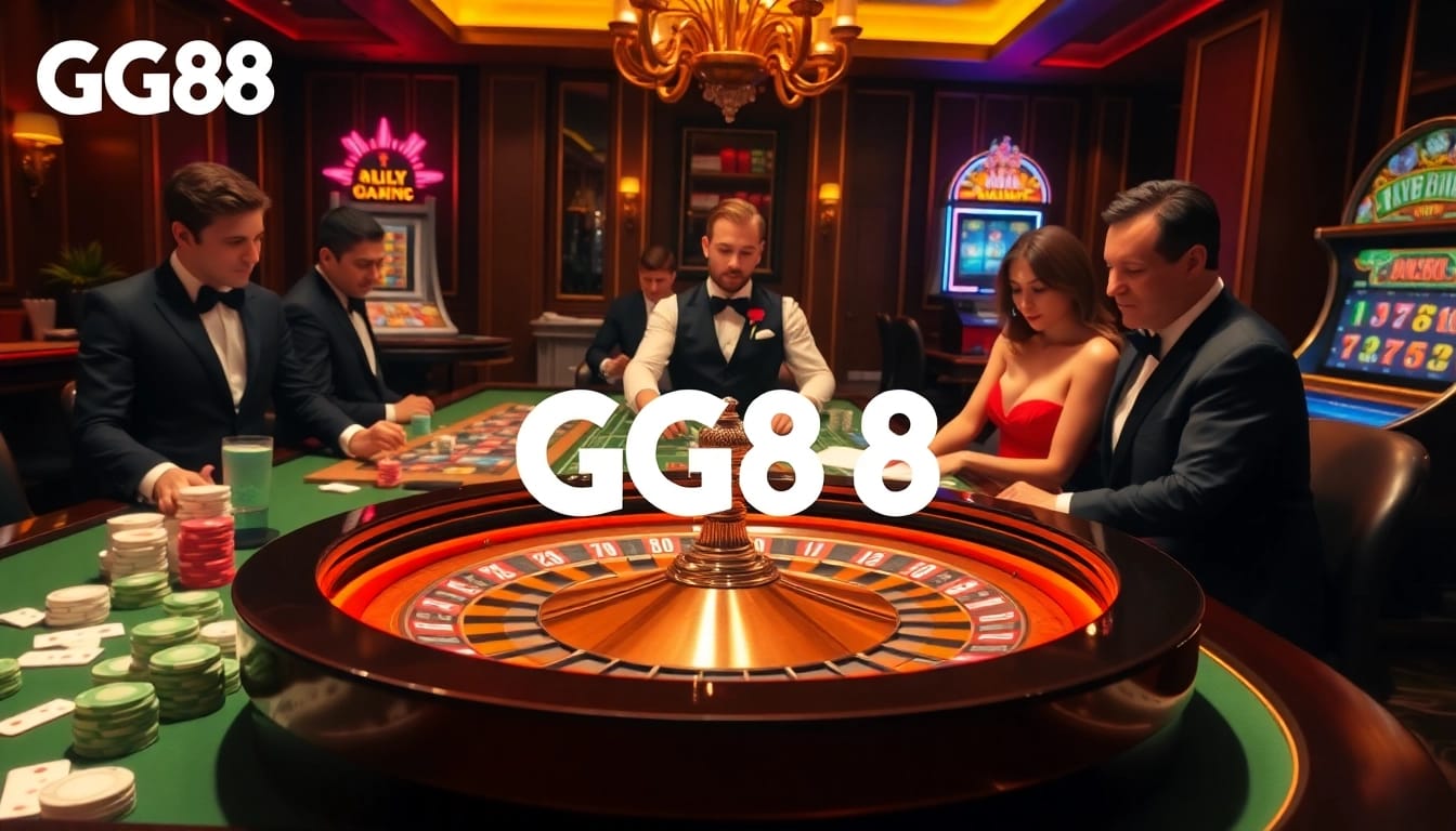Experience the thrill of roulette at GG88 casino, featuring elegant players and vibrant gaming elements.