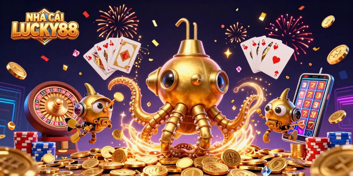 Join the excitement at NHÀ CÁI LUCKY88 with a stunning sea of gold coins and dynamic casino elements.
