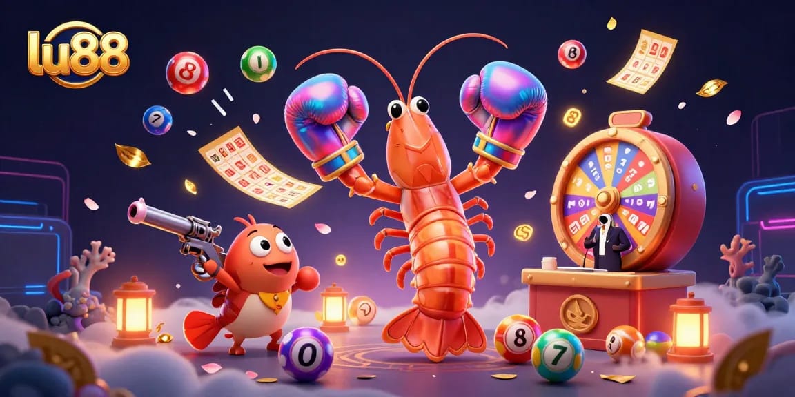 Experience thrilling gaming with lu88 as lively lottery balls scatter in a vibrant casino scene.