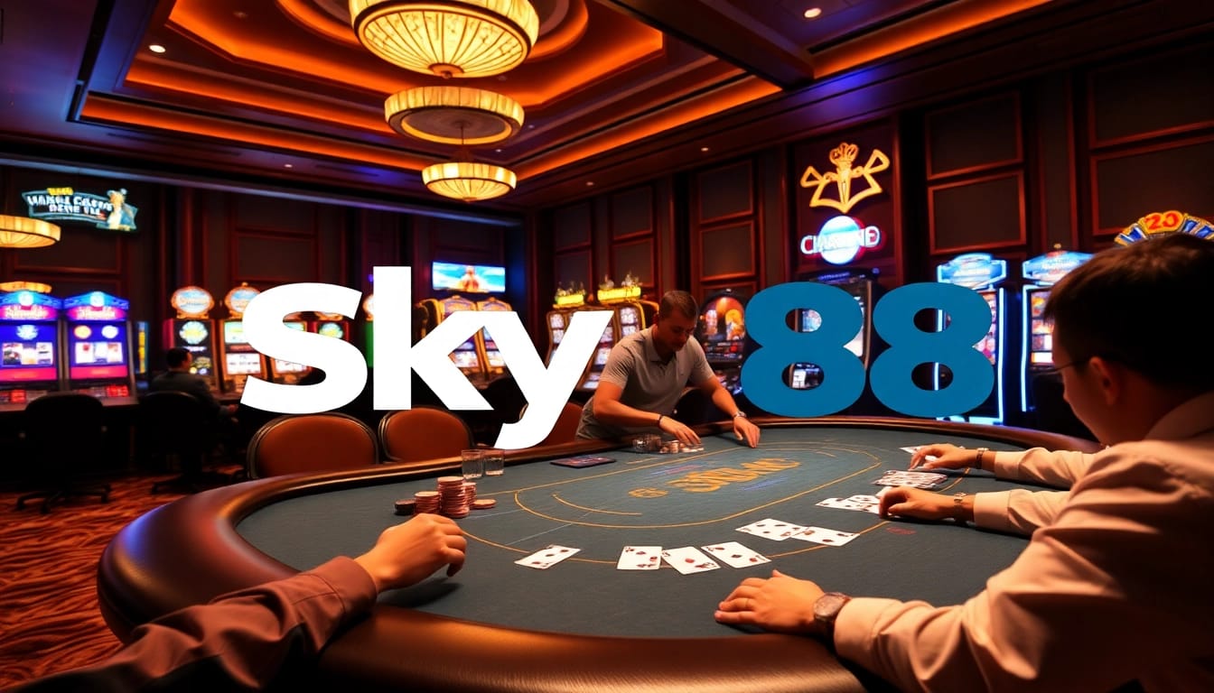Sky88 players enjoying an engaging poker game in a luxurious casino setting.