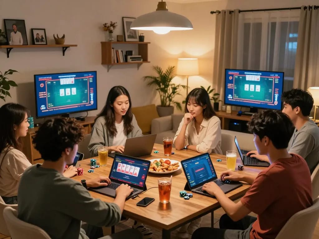Engaging home gaming scene showcasing friends playing poker with code tân thủ kjc on their screens, highlighting social interaction.