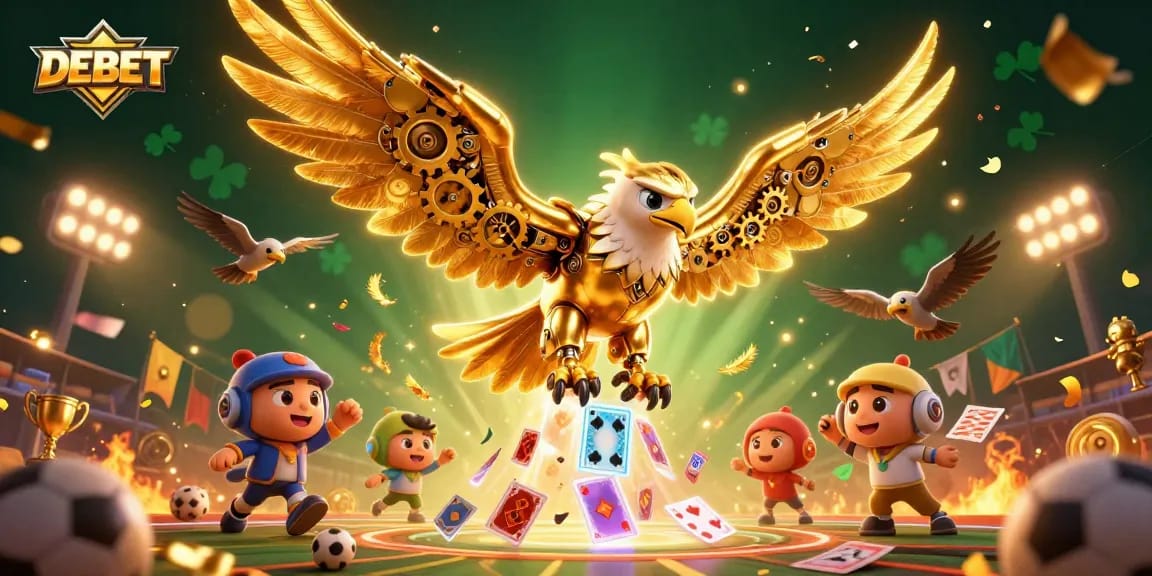 Engage with DEBET's exciting sports betting arena, featuring a dynamic eagle and holographic playing cards.