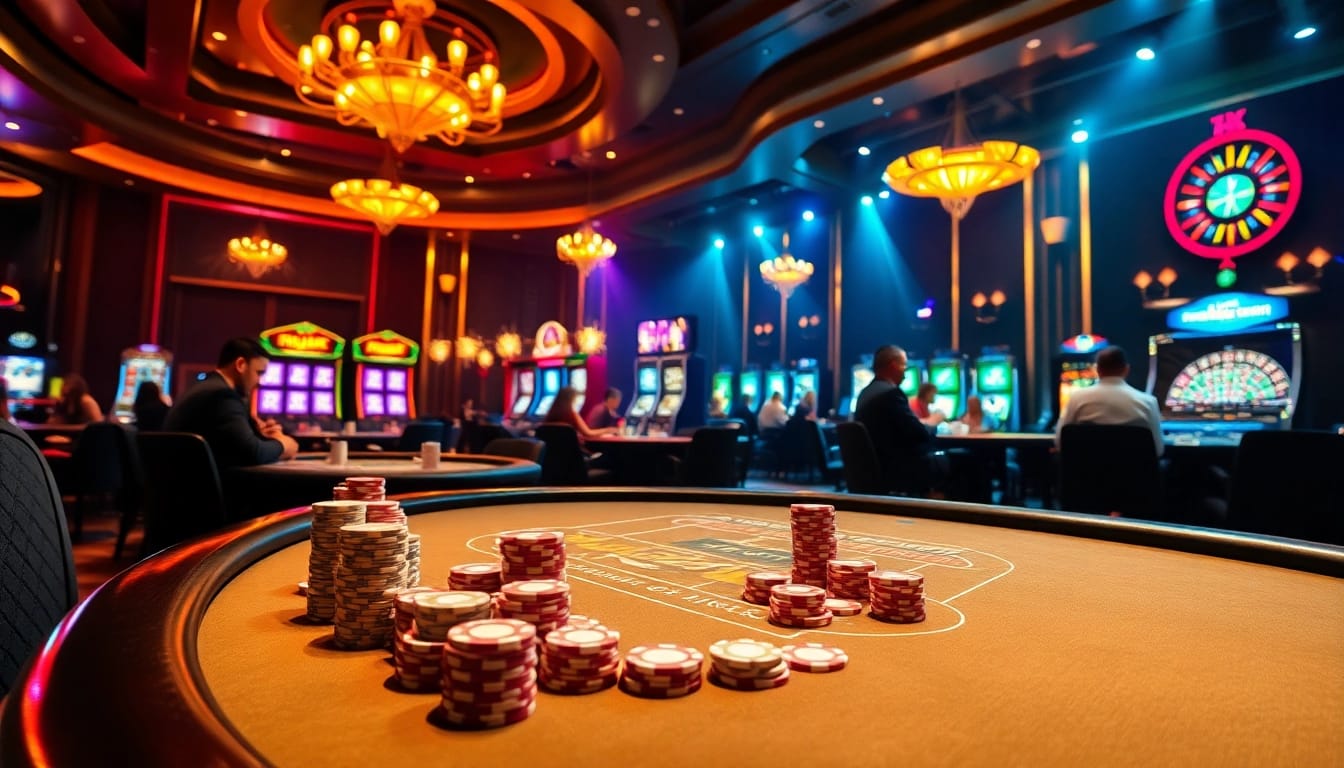 Exciting high-stakes poker action at https://cakhiatv1.net featuring vibrant casino atmosphere and colorful decor.