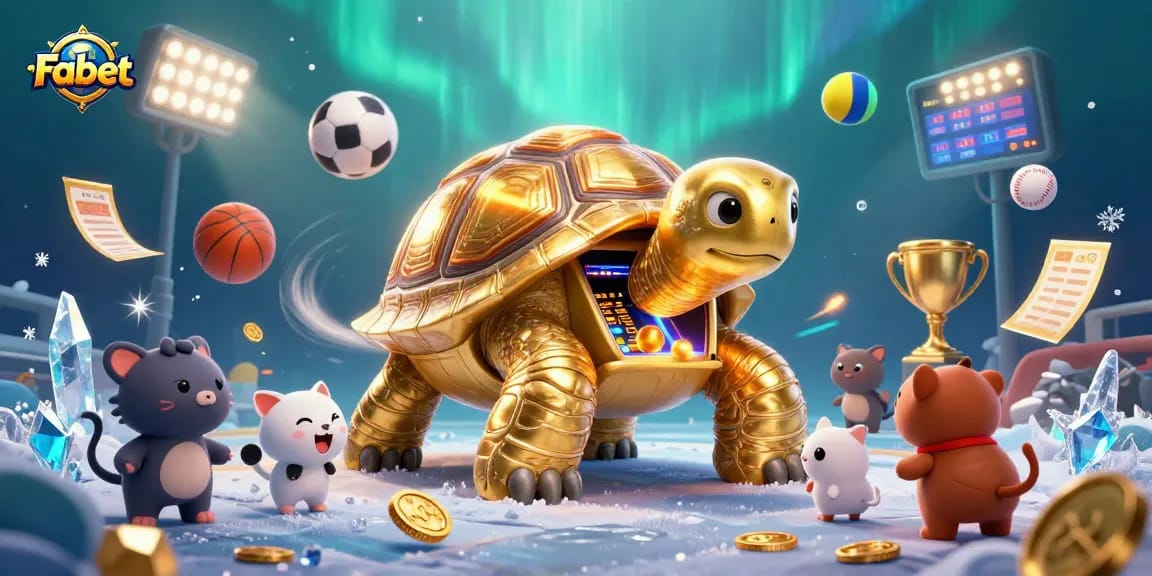 Fabet sports betting fun with a golden tortoise pinball machine and excited small animals.