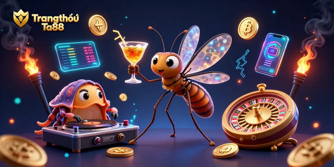 Engage with Trang chủ Ta88 casino, featuring a lively 3D illustration of unique characters and vibrant gaming elements.