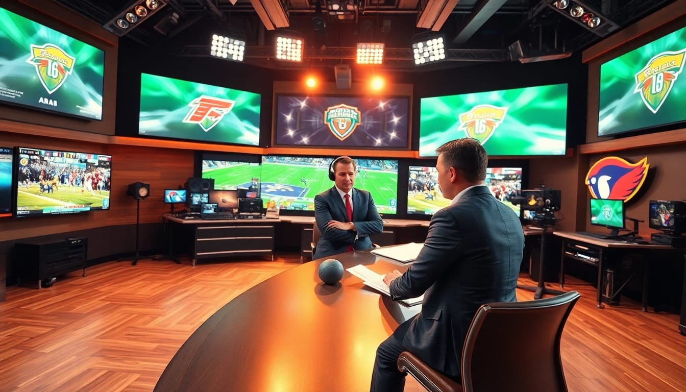 Sports Broadcasting studio showcasing an energetic anchor presenting live sports updates.
