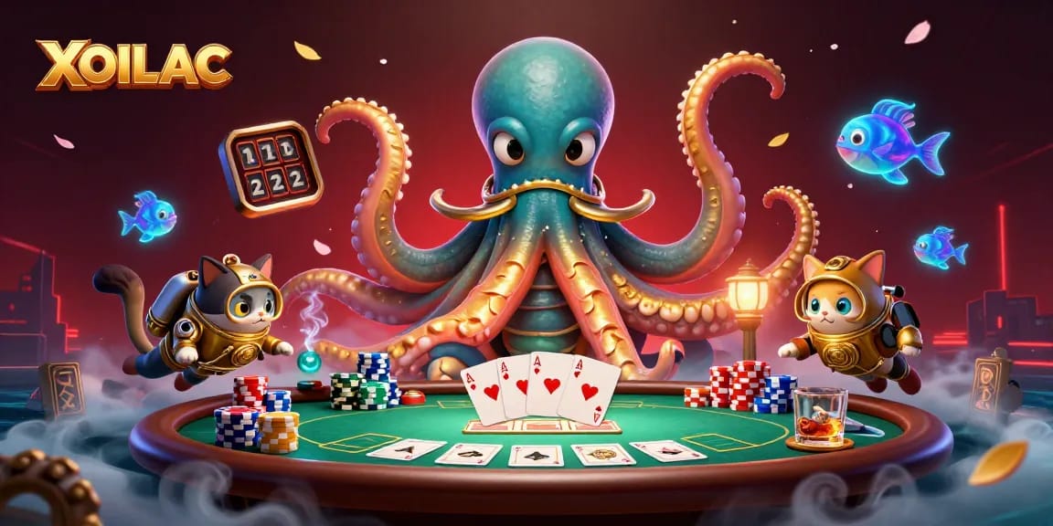 XOILAC showcases a thrilling gambling scene with a kraken, a diving cat, and vibrant casino elements.