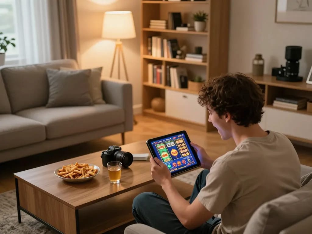 Player enjoys exciting gameplay on Lucky88 slots at home, surrounded by a warm, cozy atmosphere.
