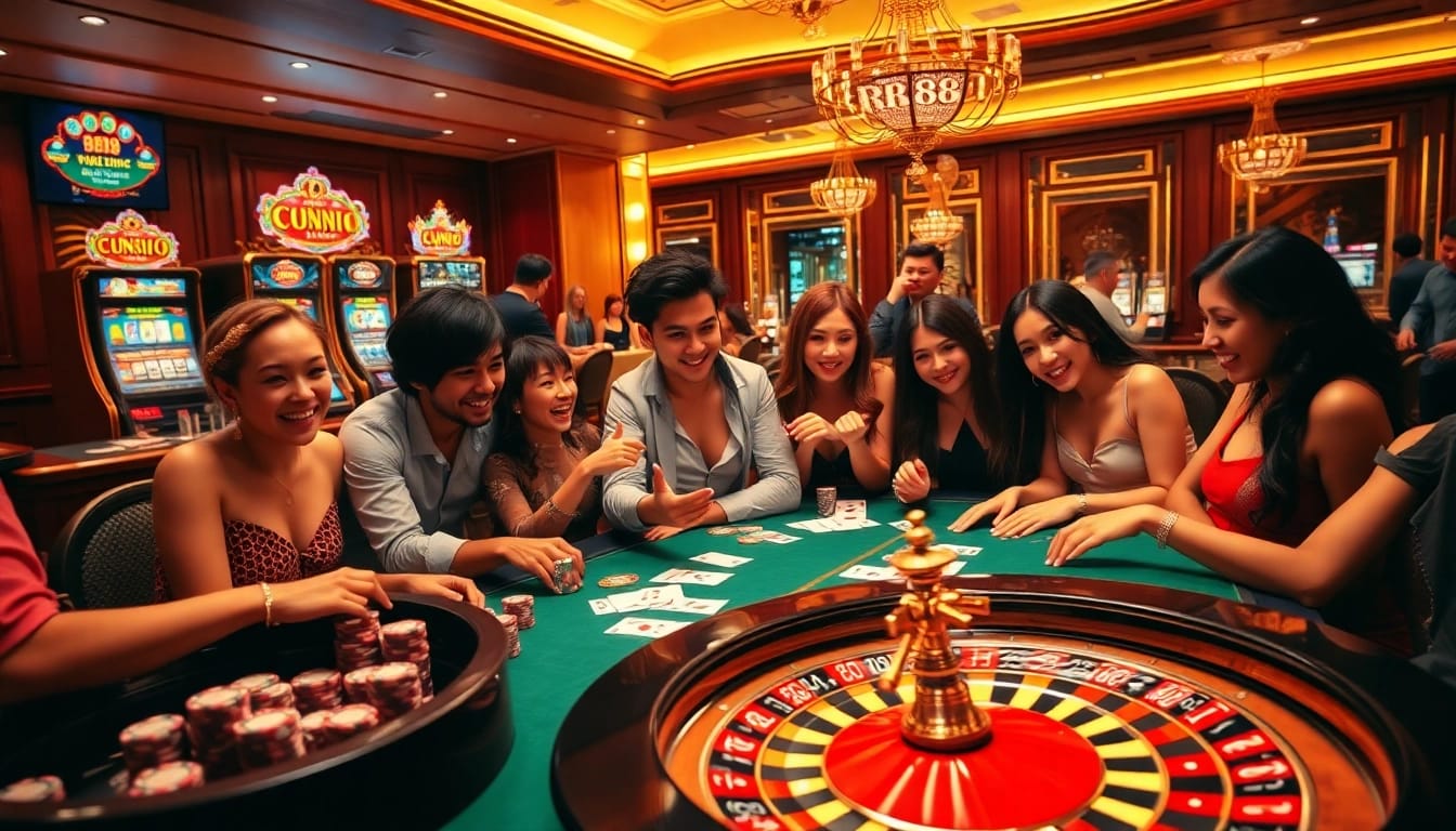 Players enjoying a thrilling game at RR88's luxurious casino table with poker chips and cards.
