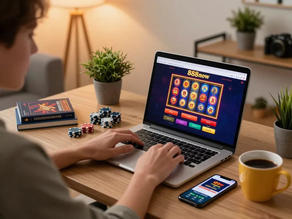 Engaging in exciting gameplay on 888now with vibrant slots displayed on a laptop.